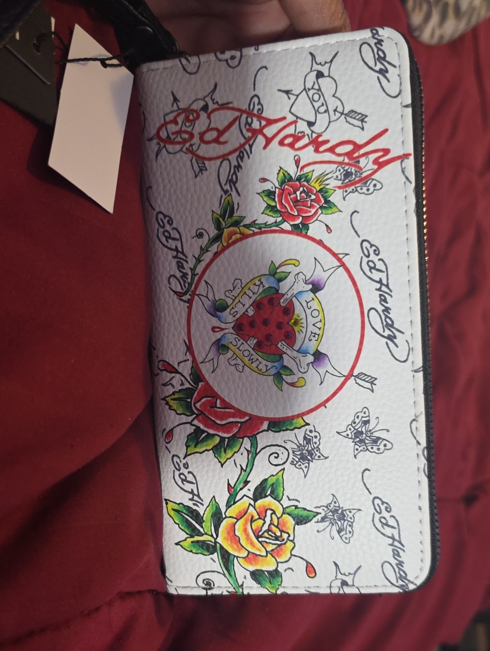 Ed Hardy White Floral Tattoo Zip Wallet with Red Script